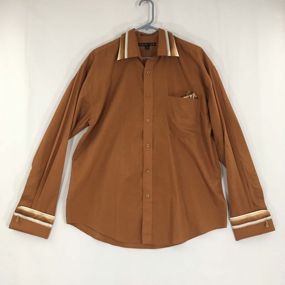 New Gen Men's Brown Button‎ Front Dress Shirt, French Cuffs, Satin Trim, M